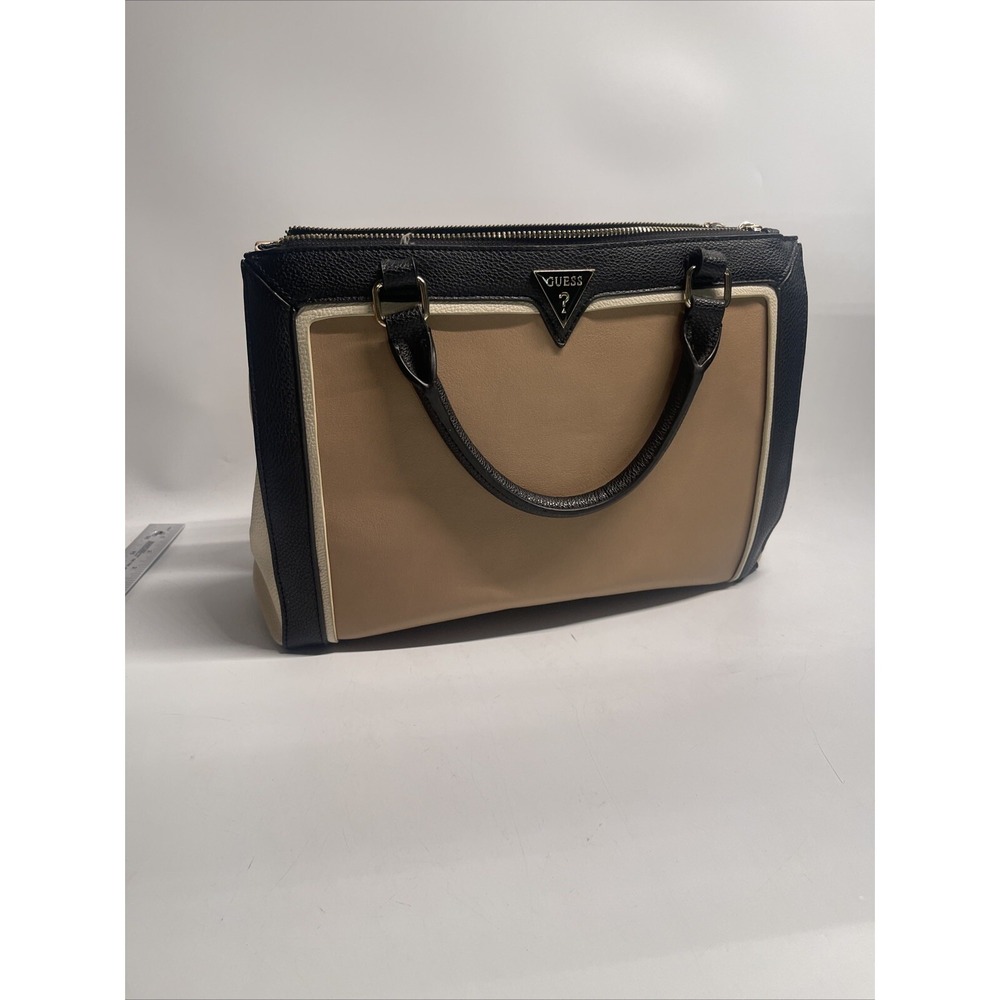 Guess Brown/Beige And Black Faux Leather Hand Bag Excellent